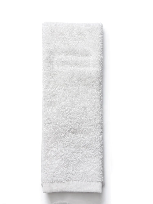 A folded white cotton towel with a soft, plush terry texture, shown vertically against a plain white background.